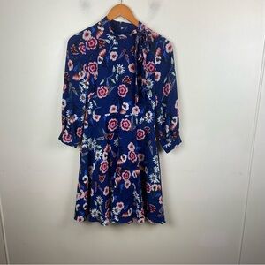 Eliza J Blue Floral Fit & Flare High Neck Tie Pussybow‎ Dress Wedding Size 4